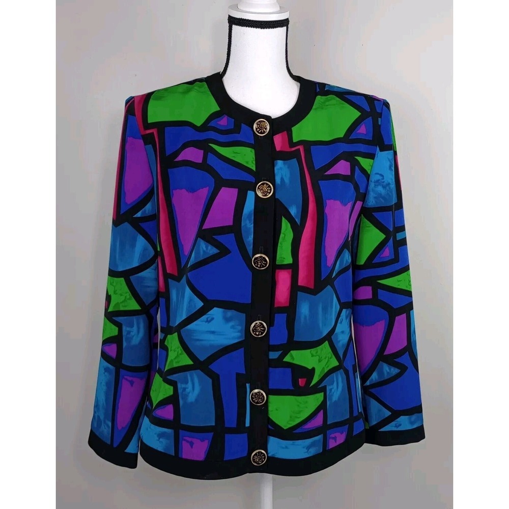 Vintage‎ 80s 90s Caron Loud Colorful Cardigan Jacket Womens 8 Shoulder Pads Bold